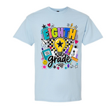 A light blue crewneck t-shirt featuring a colorful 'EIGHTH grade' graphic on the front, complete with a lightbulb, stars, hearts, and school supplies.