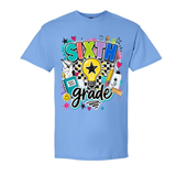 A light blue short-sleeve crewneck t-shirt featuring a colorful 'SIXTH grade' graphic on the front, complete with a lightbulb, stars, hearts, and school-themed doodles, shown against a plain white background.