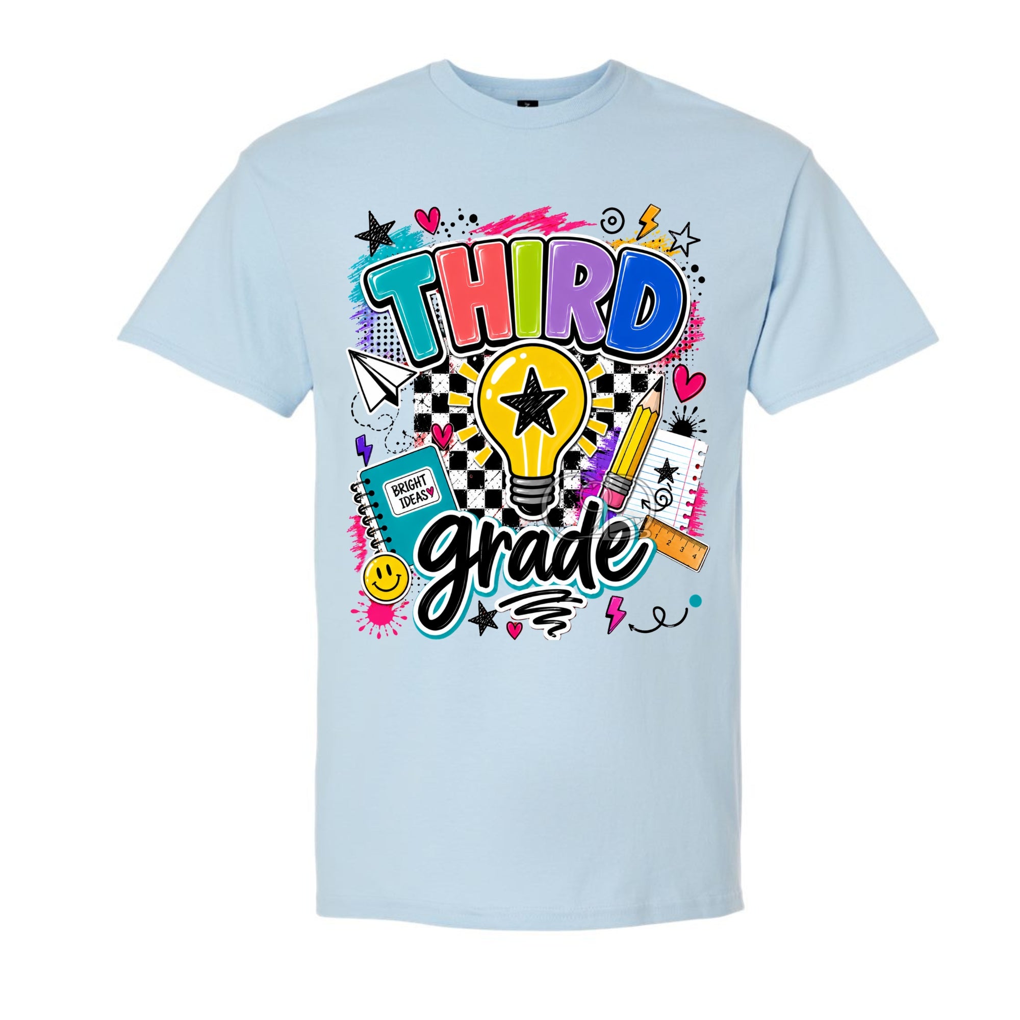 A light blue short-sleeve crewneck t-shirt featuring a colorful 'Third Grade' graphic on the front, complete with a lightbulb, stars, hearts, and school supplies.