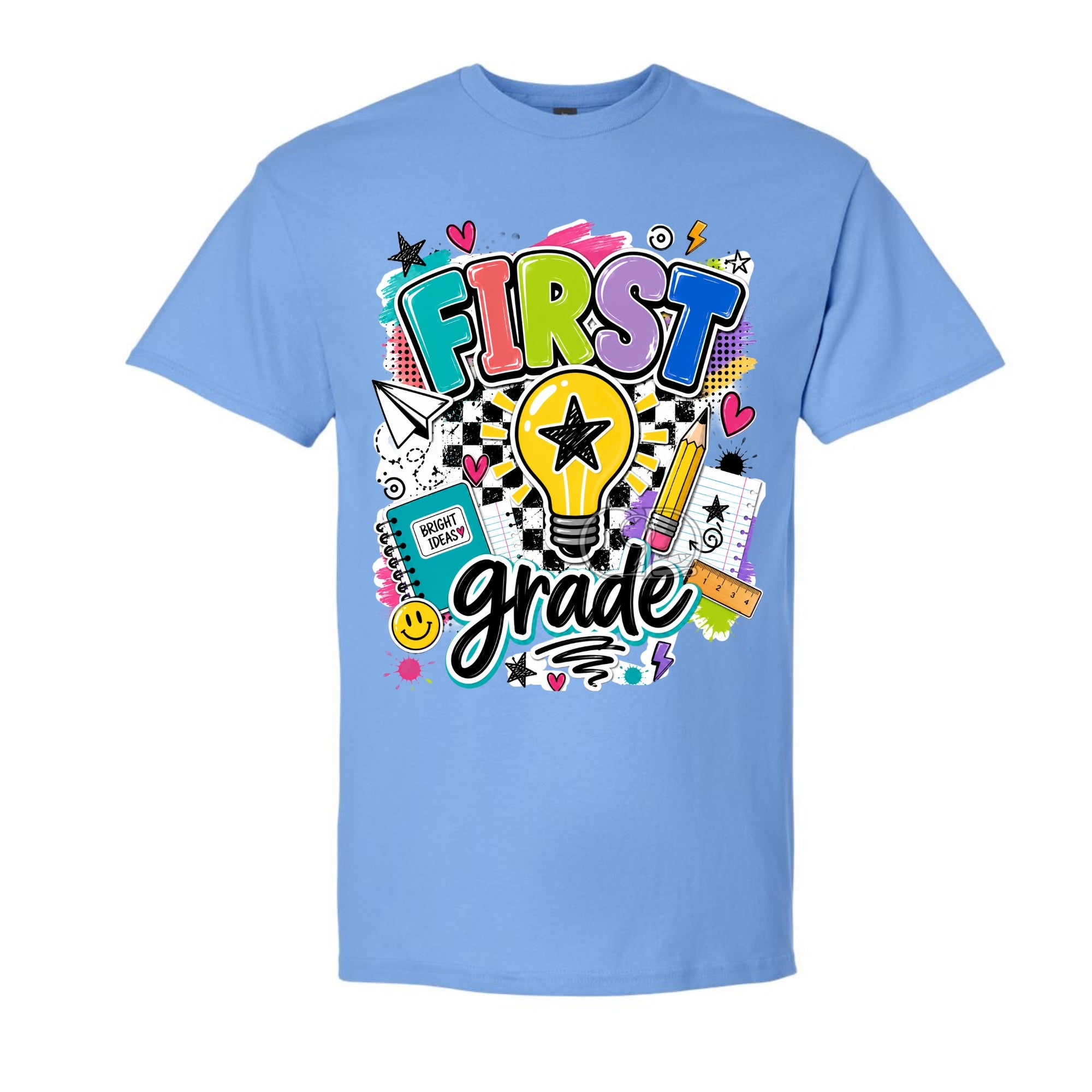 A on the front, featuring a light bulb, stars, hearts, and school-themed doodles, shown against a plain white background.