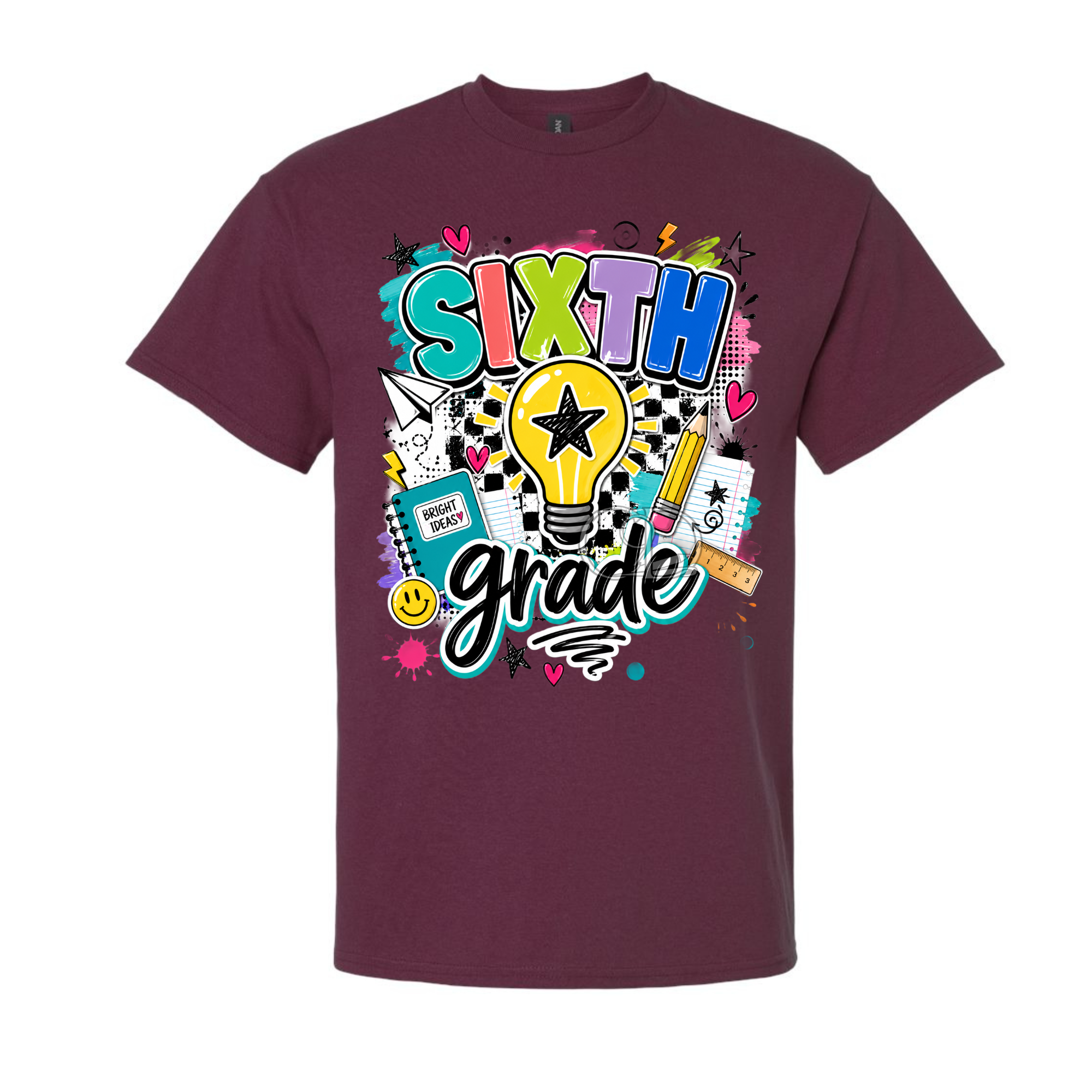A maroon short-sleeve crewneck t-shirt featuring a colorful graphic on the front that reads 'SIXTH grade' with a lightbulb, pencil, notebook, and other school-themed doodles, shown against a plain white background.