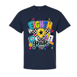 A navy blue short-sleeve crewneck t-shirt featuring a colorful 'EIGHTH grade' graphic on the chest with a lightbulb, pencil, notebook, and stars.