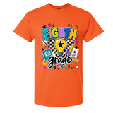An orange short-sleeve crewneck t-shirt featuring a colorful 'EIGHTH grade' graphic on the front, complete with a lightbulb, stars, hearts, and school supplies, shown against a plain white background.