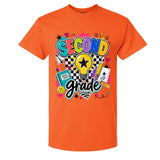 An orange short-sleeve crewneck t-shirt featuring a colorful 'SECOND grade' graphic on the front, complete with a lightbulb, stars, hearts, and school supplies.