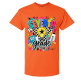 An orange short-sleeve crewneck t-shirt featuring a colorful 'SEVENTH grade' graphic on the front, complete with a lightbulb, stars, hearts, and school-themed doodles, shown against a plain white background.