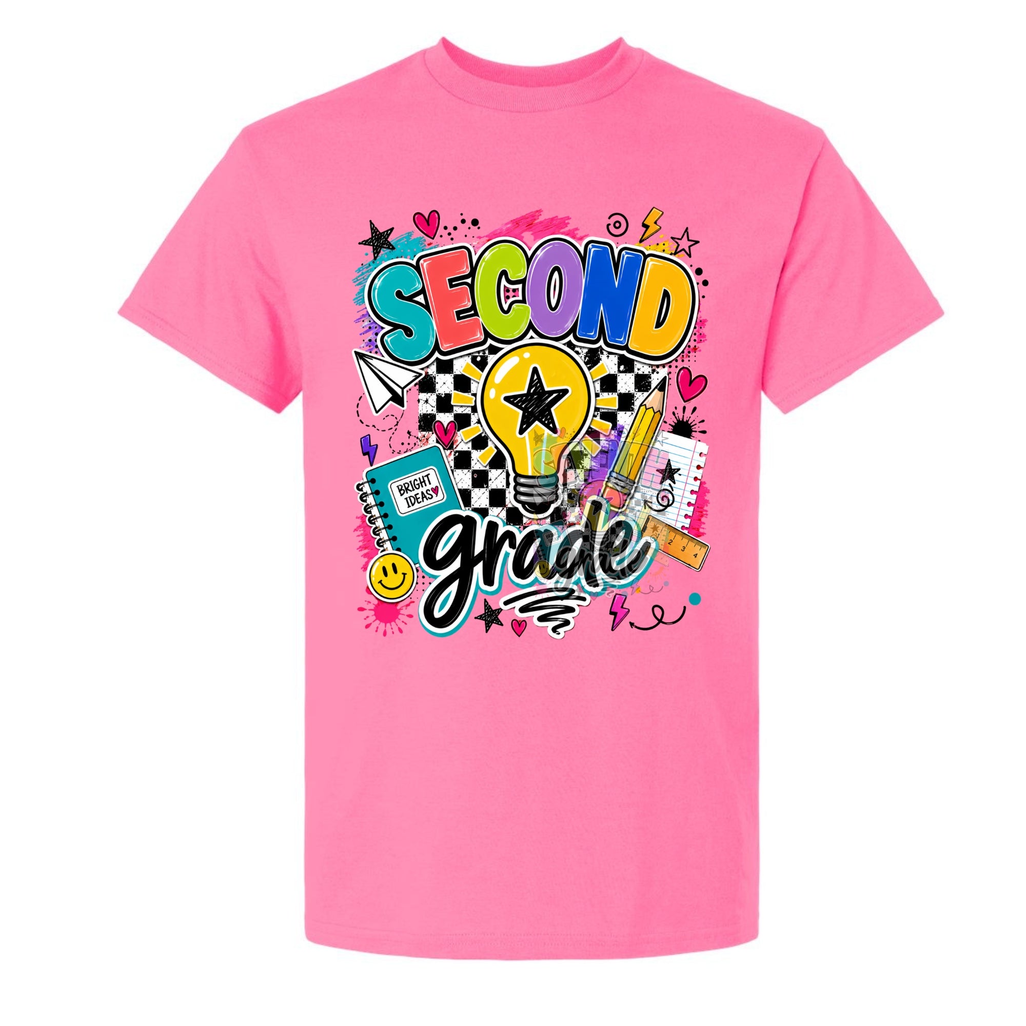 A bright pink short-sleeve crewneck t-shirt featuring a colorful 'Second Grade' graphic on the front, complete with school supplies, a lightbulb, and stars.