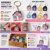 A promotional collage for a house-shaped keychain set. The main product shown is a pink house keychain with a 2-in-1 can opener and keychain function, displayed alongside other color options (yellow, blue, purple, black, white).