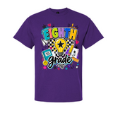 A purple short-sleeve crewneck t-shirt featuring a colorful 'EIGHTH Grade' graphic on the front, displayed against a solid white background.