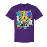 A purple short-sleeve crewneck t-shirt featuring a colorful 'SIXTH grade' graphic on the front, displayed against a solid white background.