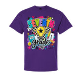 A purple short-sleeve crewneck t-shirt featuring a colorful graphic on the front that reads 'SEVENTH grade' with school-themed doodles like a lightbulb, pencil, notebook, and stars.