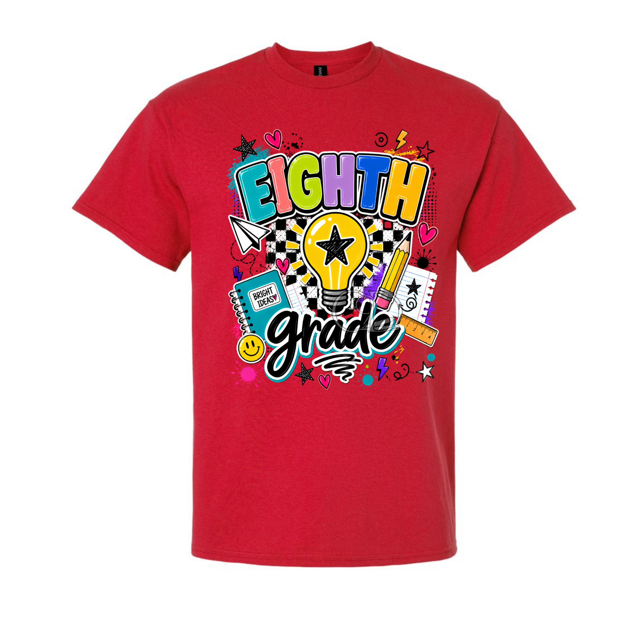 A red short-sleeve crewneck t-shirt featuring a colorful 'EIGHTH grade' graphic on the front, displayed against a solid white background.