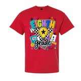 A red short-sleeve crewneck t-shirt featuring a colorful 'EIGHTH grade' graphic on the front, displayed against a solid white background.