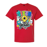 A red short-sleeve crewneck t-shirt featuring a colorful graphic print on the front that reads 'SIXTH grade' with school-themed doodles including a lightbulb, pencil, notebook, and checkered pattern.