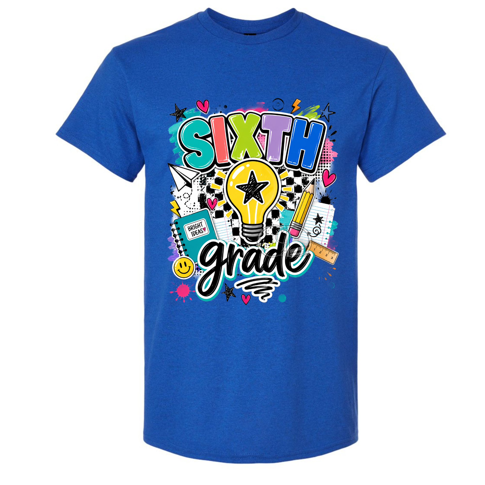 A royal blue short-sleeve crewneck t-shirt featuring a colorful 'FIFTH grade' graphic on the front, complete with a lightbulb, pencil, notebook, and stars.
