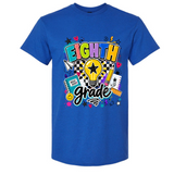A royal blue short-sleeve t-shirt with a colorful 'EIGHTH grade' graphic on the chest, featuring school-themed doodles like a lightbulb, pencil, notebook, and stars.