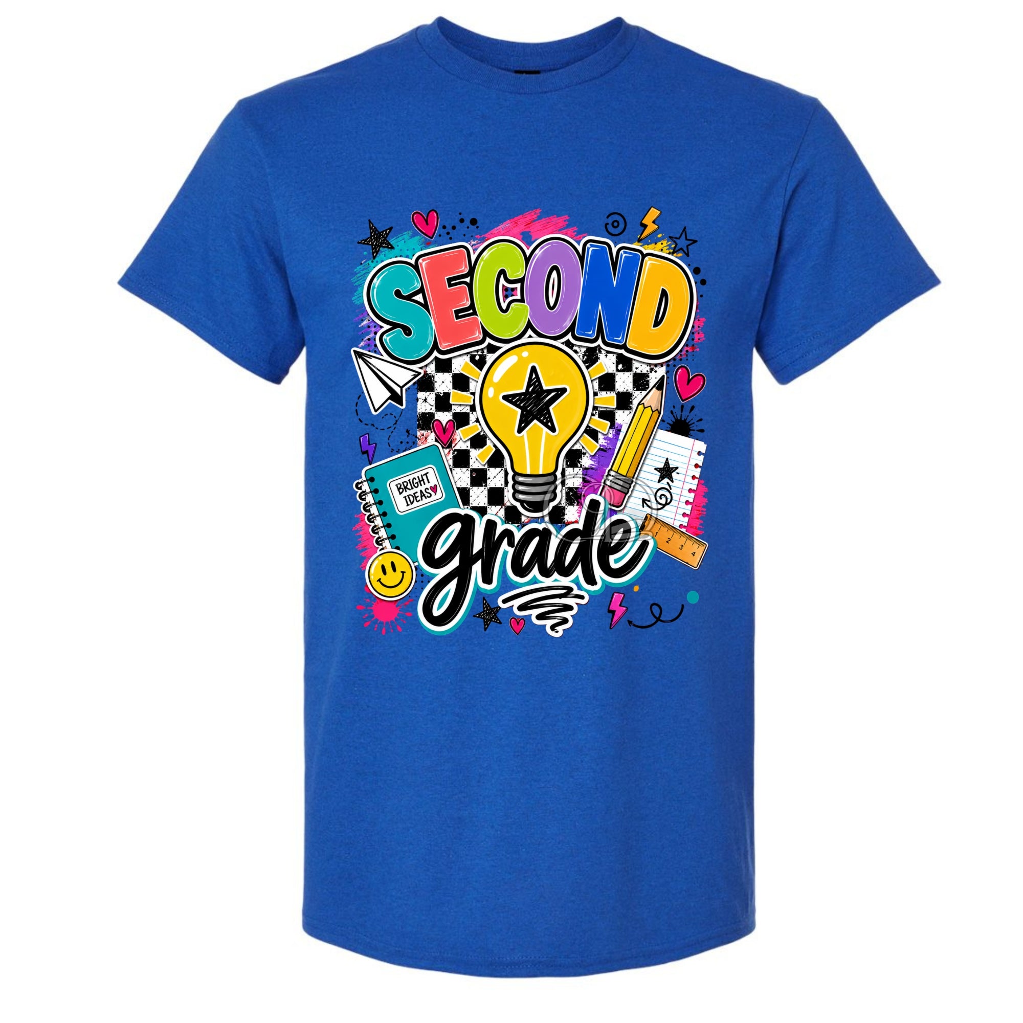 A royal blue short-sleeve t-shirt with a colorful 'SECOND grade' graphic on the front, featuring school-themed doodles like a lightbulb, notebook, pencil, and stars.