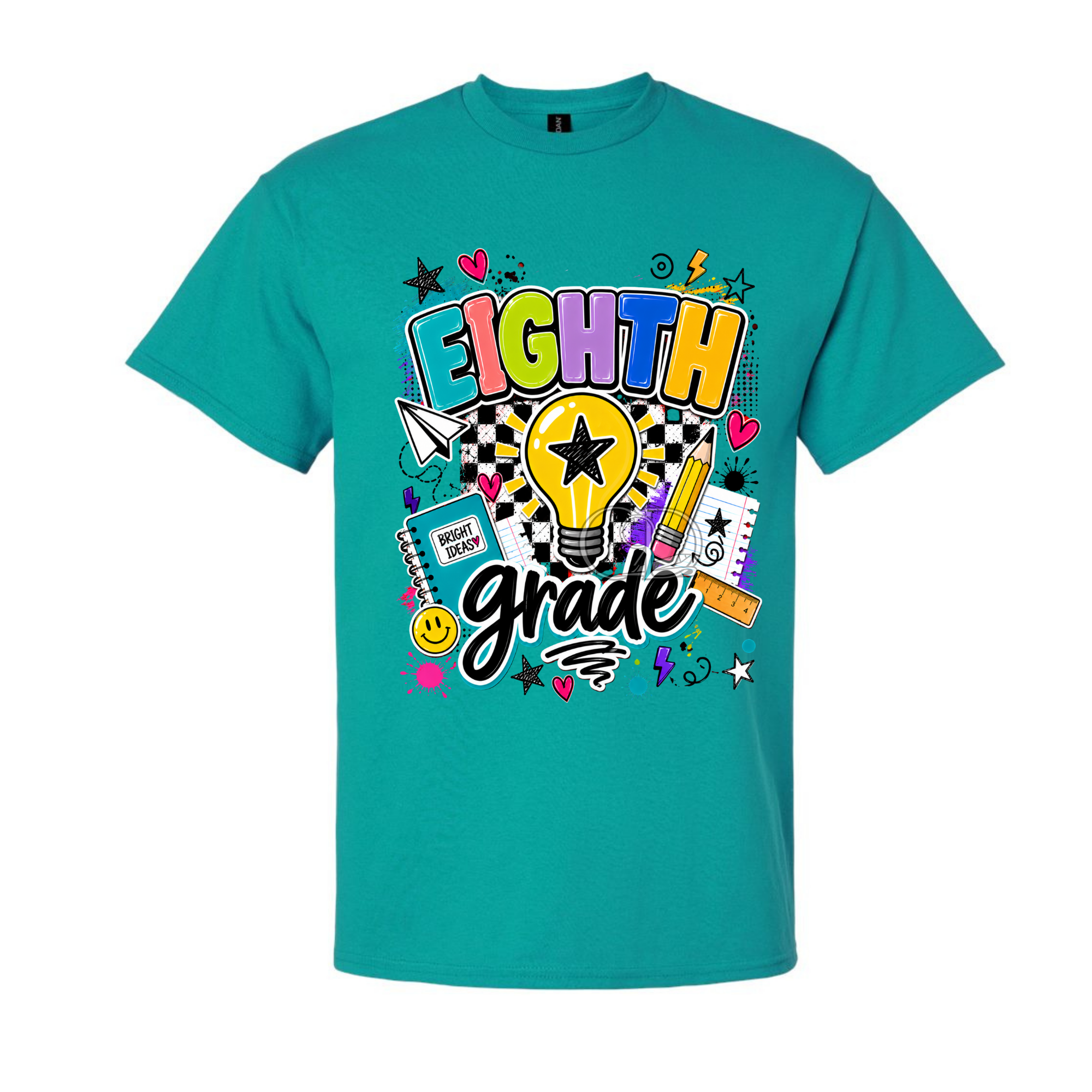 A teal short-sleeve crewneck t-shirt featuring a colorful 'EIGHTH Grade' graphic on the front, displayed against a solid white background.