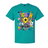 A teal short-sleeve crewneck t-shirt featuring a colorful 'EIGHTH Grade' graphic on the front, displayed against a solid white background.