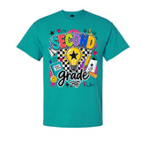 A teal short-sleeve crewneck t-shirt featuring a colorful 'SECOND grade' graphic on the front, complete with a lightbulb, stars, hearts, and school supplies, shown against a plain white background.