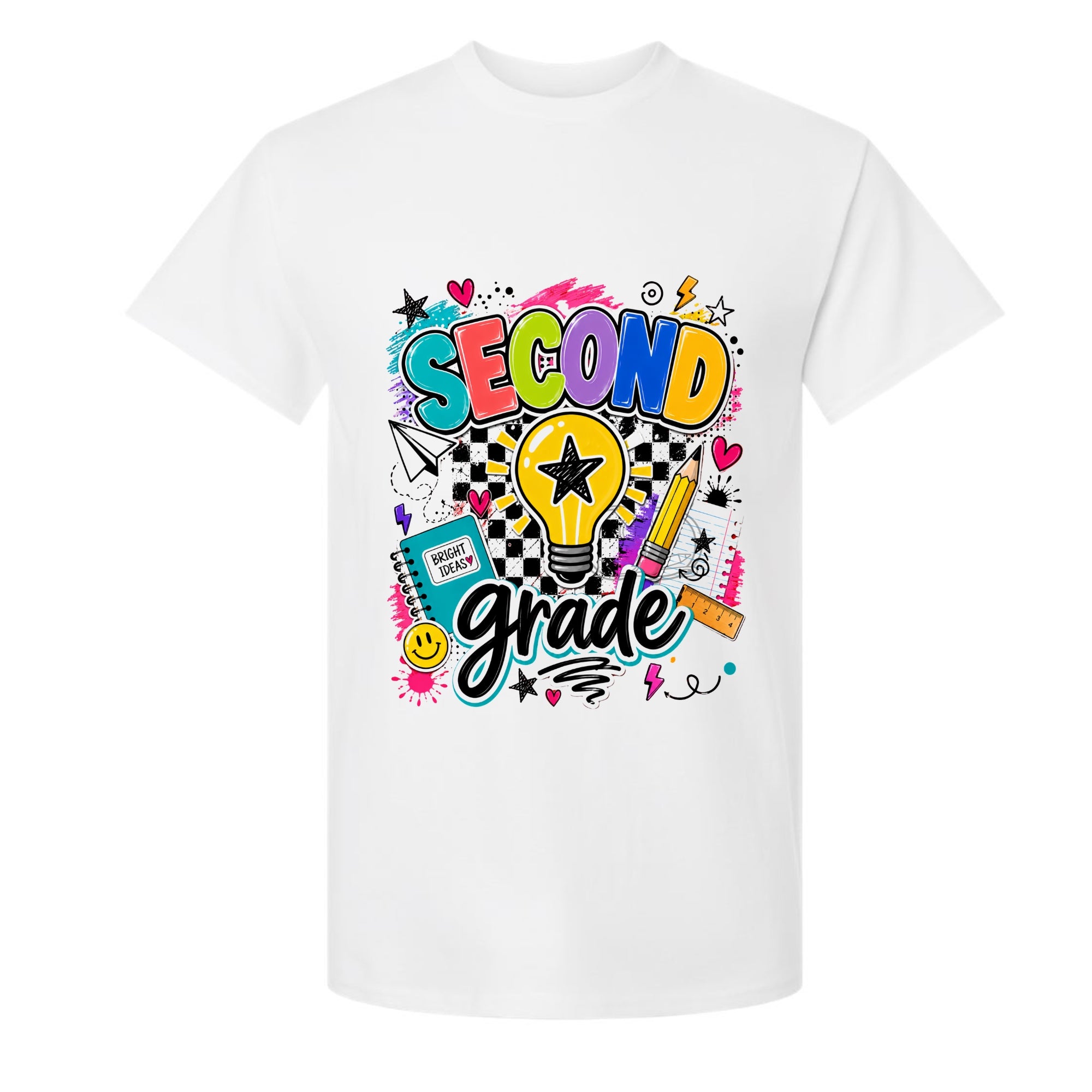 A white short-sleeve crewneck t-shirt featuring a colorful graphic print on the front that reads 'SECOND Grade' in playful multicolor lettering with school-themed doodles like a lightbulb, notebook, and pencil.