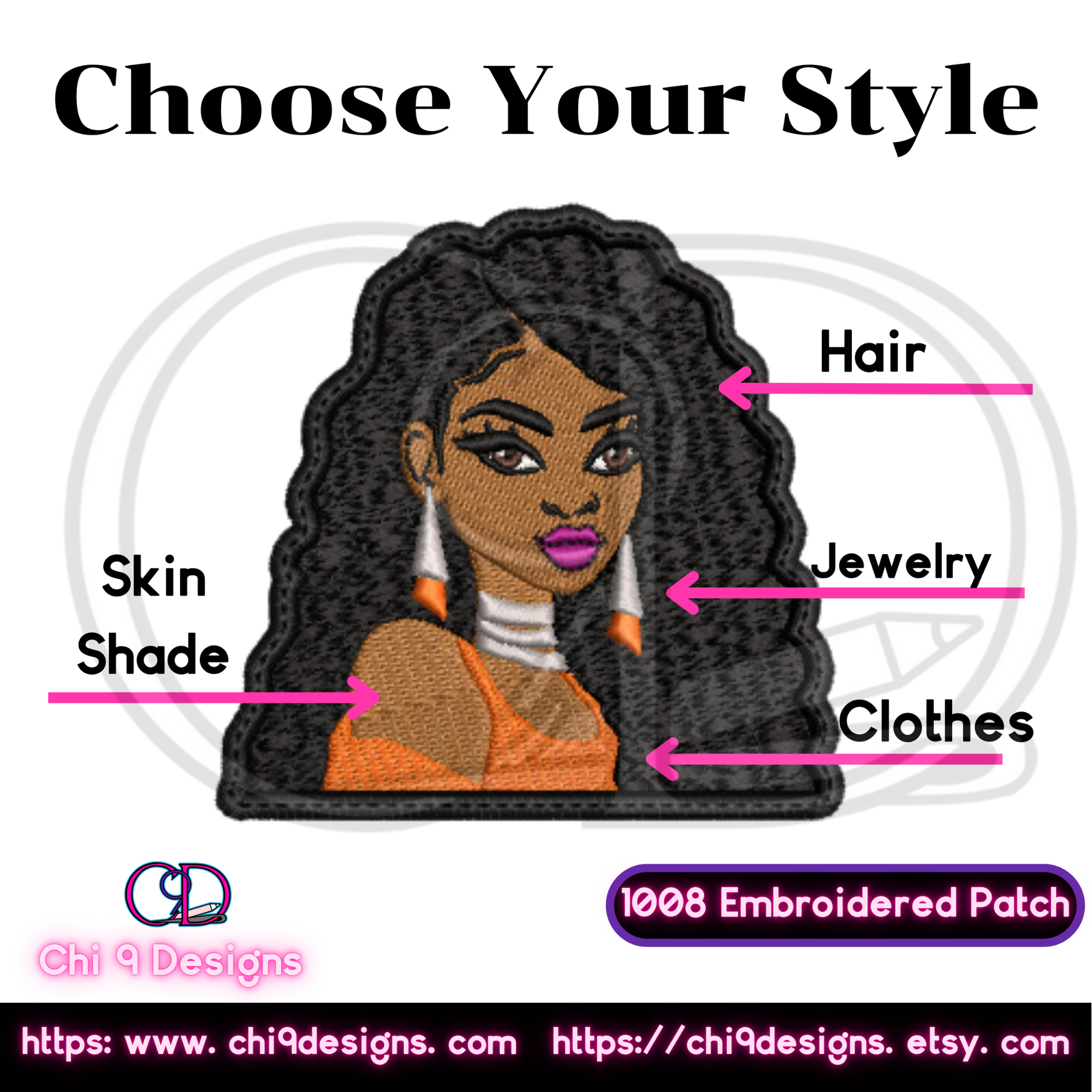 Customization guide for the Fierce Diva embroidered patch, Style No. 1008, highlighting options to personalize skin shade, hair color, jewelry, and clothing, showcasing a patch with jet black hair and gold earrings.