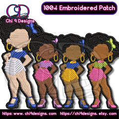 A set of four embroidered patches featuring an African American woman in a retro pin-up style. The patches show her in different outfits, including blue and white, pink and purple, blue and yellow, and green and pink combinations. Each patch highlights her big afro with various colored bows, gold hoop earrings, and high heels. Chi 9 Designs branding is displayed at the top left corner with website links at the bottom."