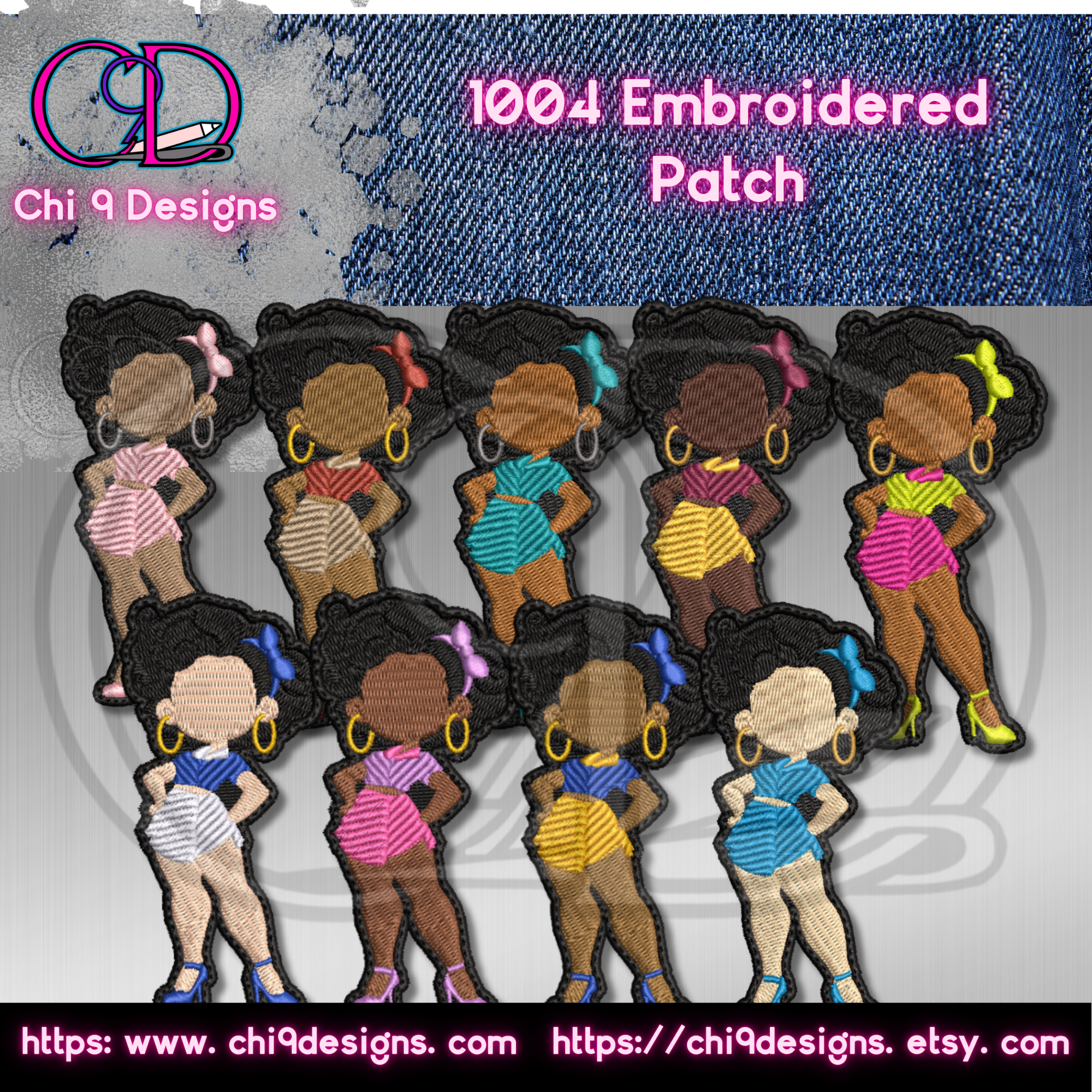 A collection of ten embroidered patches featuring an African American woman in a retro pin-up style, each shown in different outfits and skin tones. The patches display the woman with a big afro adorned with colorful bows, wearing a striped top and high heels. The image includes the Chi 9 Designs branding at the top left corner with website links at the bottom.