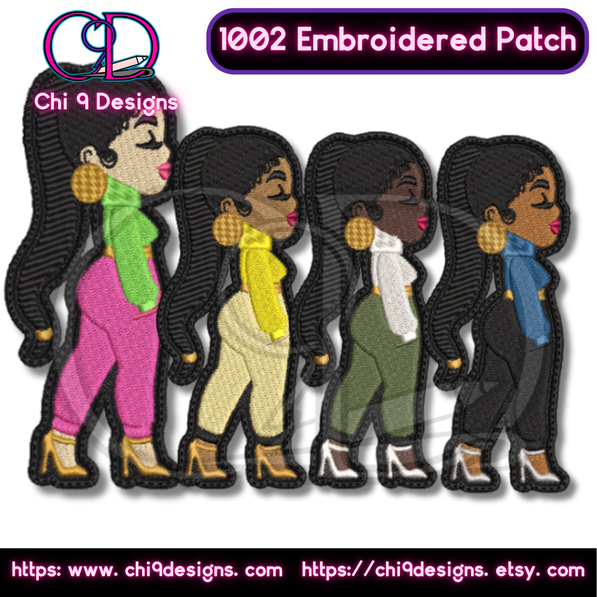 Four customizable embroidered Fashionista patches, Style No. 1002, showcasing different skin tones and outfits.