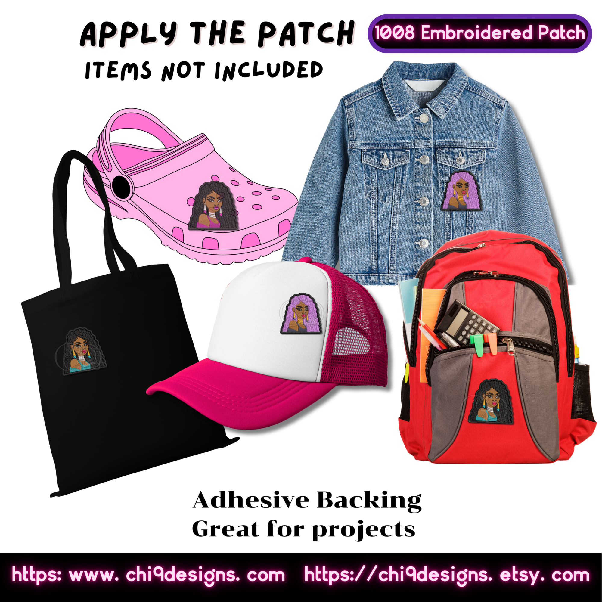 Mockup showing the versatile application of the Fierce Diva embroidered patch, Style No. 1008, on various items including a black tote bag, white and pink trucker hat, denim jacket, and a red backpack, with each item featuring a different hair color and style from the customizable options