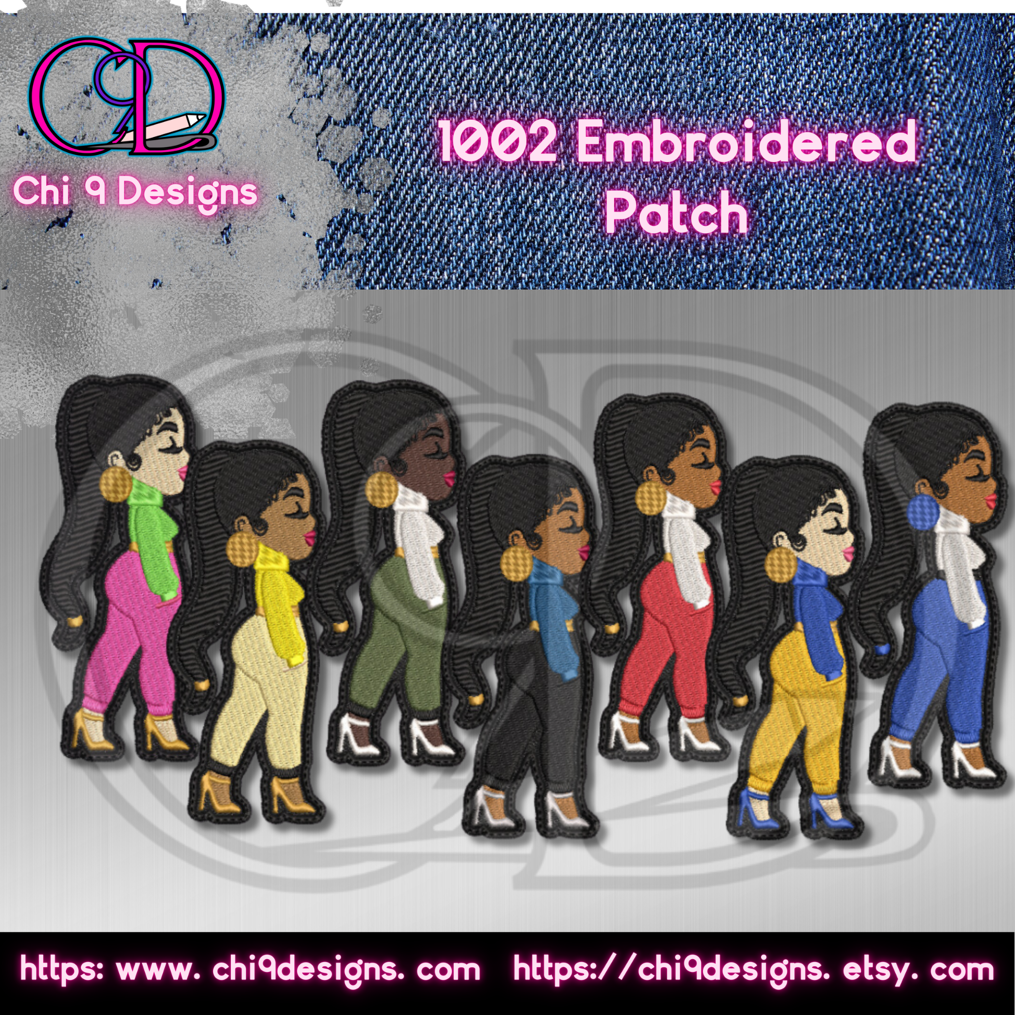 Group of eight embroidered Fashionista patches, Style No. 1002, in various outfits and colors, displayed on denim fabric.