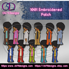 This image displays multiple embroidered patch designs of an African American woman with a stylish afro hairstyle. Each woman is shown in a different colored outfit, including brown, pink, white, gold, blue, green, and orange coats over matching dresses and shoes. The women are depicted holding up a peace sign with their left hand and smiling confidently. The text "1001 Embroidered Patch" is shown at the top, along with the brand logo "Chi 9 Designs" on the left side and the website links "https://www.chi9d