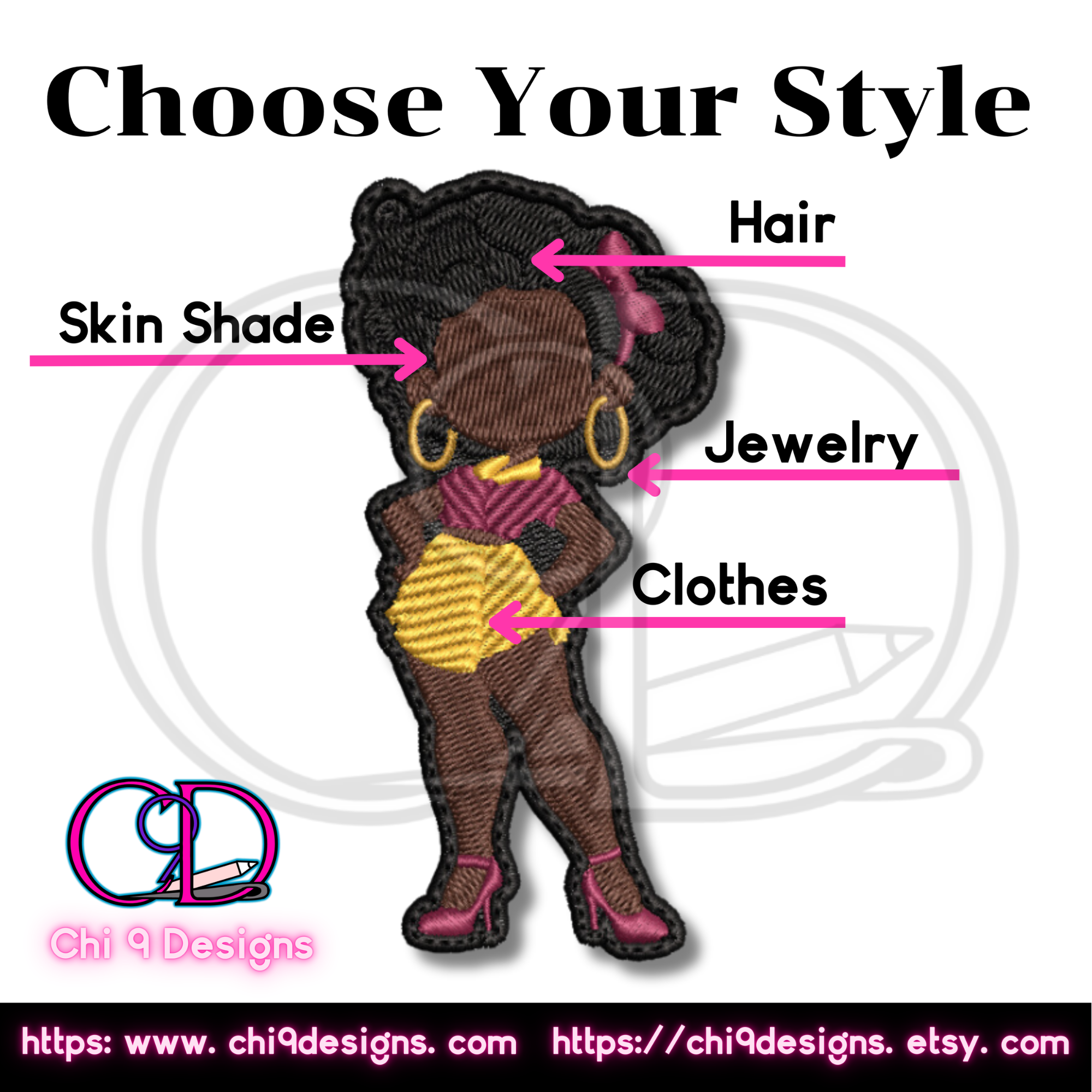 A close-up of an embroidered patch featuring an African American woman in a retro pin-up style. The image highlights areas of customization including hair, skin shade, jewelry, and clothes. The Chi 9 Designs branding is displayed at the bottom with website links.