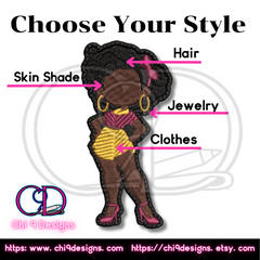 A close-up of an embroidered patch featuring an African American woman in a retro pin-up style. The image highlights areas of customization including hair, skin shade, jewelry, and clothes. The Chi 9 Designs branding is displayed at the bottom with website links.