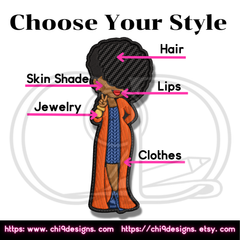 This image provides instructions for personalizing the embroidered patch design. It shows an African American woman with a stylish afro hairstyle, wearing a blue jacket, white dress, and white shoes. The text lists the customization options chosen: "Skin Shade - 6," "Hair - Black," "Jewelry - Gold," "Lips - Red," and "Clothes - Blue Jacket & White Dress, White Shoes." The text "Step 4 Input the Personalization" is displayed at the top, along with the website links "https://www.chi9designs.com" and "https://