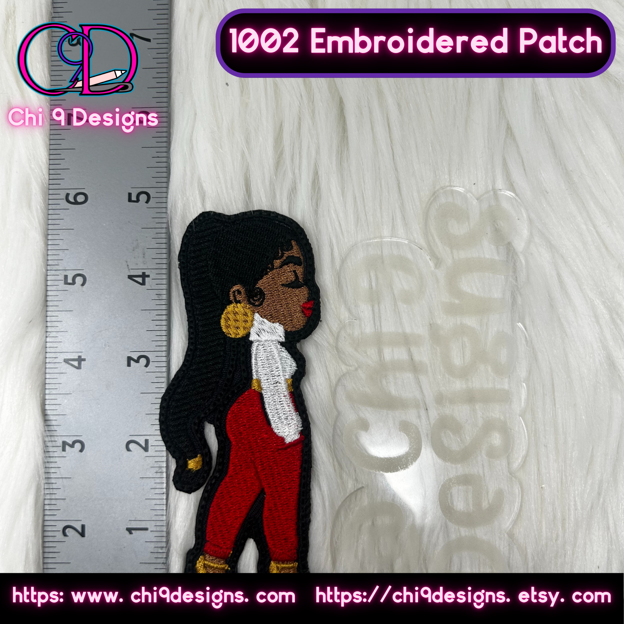 Single embroidered Fashionista patch, Style No. 1002, with red pants and white top, shown next to a ruler for size reference.