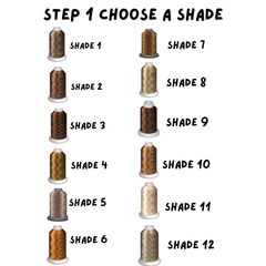 This image shows a selection of thread colors available for customizing embroidered patches. The colors are labeled as "Shade 1" through "Shade 12," featuring various shades of brown and tan. The text "Step 1 Choose a Shade" is displayed at the top, guiding customers through the first step of the customization process.