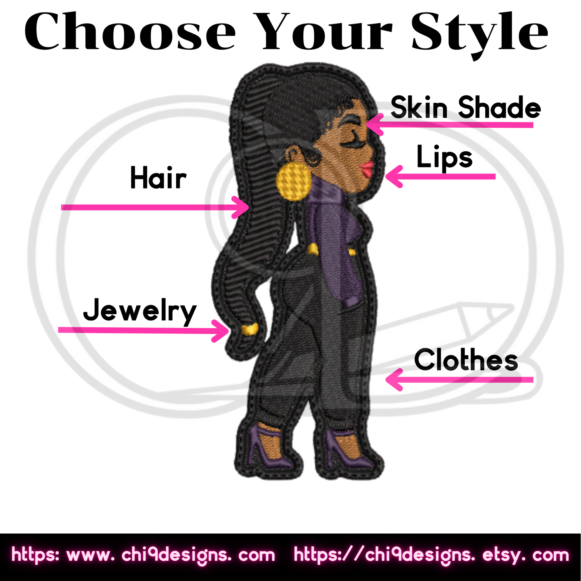 "Diagram highlighting customization options for embroidered Fashionista patch, Style No. 1002, including hair, skin shade, lips, jewelry, and clothing."