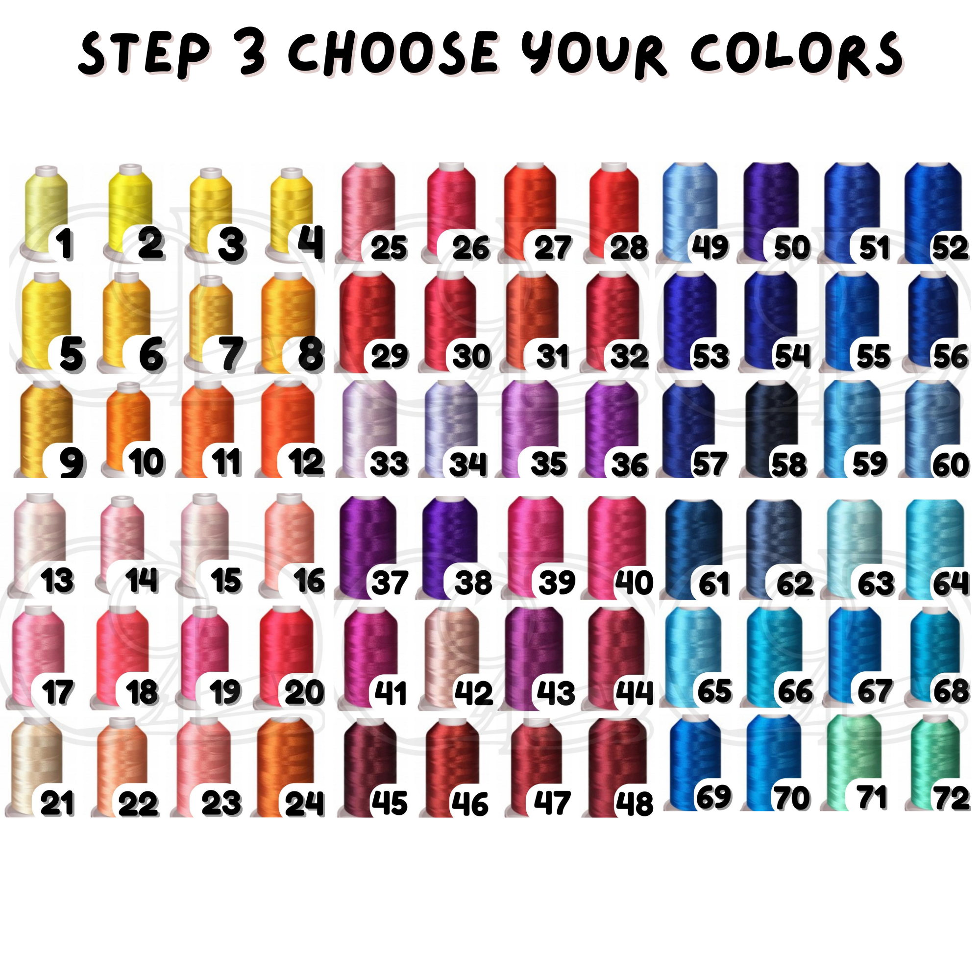 This image displays a wide range of thread colors available for customizing embroidered patches. The colors are numbered and cover a variety of shades, including blues, greens, browns, golds, grays, whites, and vibrant colors like pink, orange, and yellow. The text "Step 3 Choose Your Colors" is shown at the top, providing guidance for the third step in the customization process.