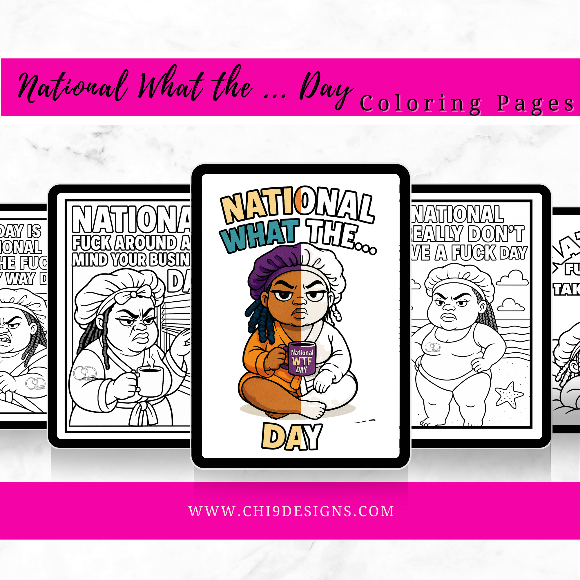 Coloring pages with cartoon characters and text on a white background with pink banner at the top and bottom.