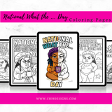 Coloring pages with cartoon characters and text on a white background with pink banner at the top and bottom.