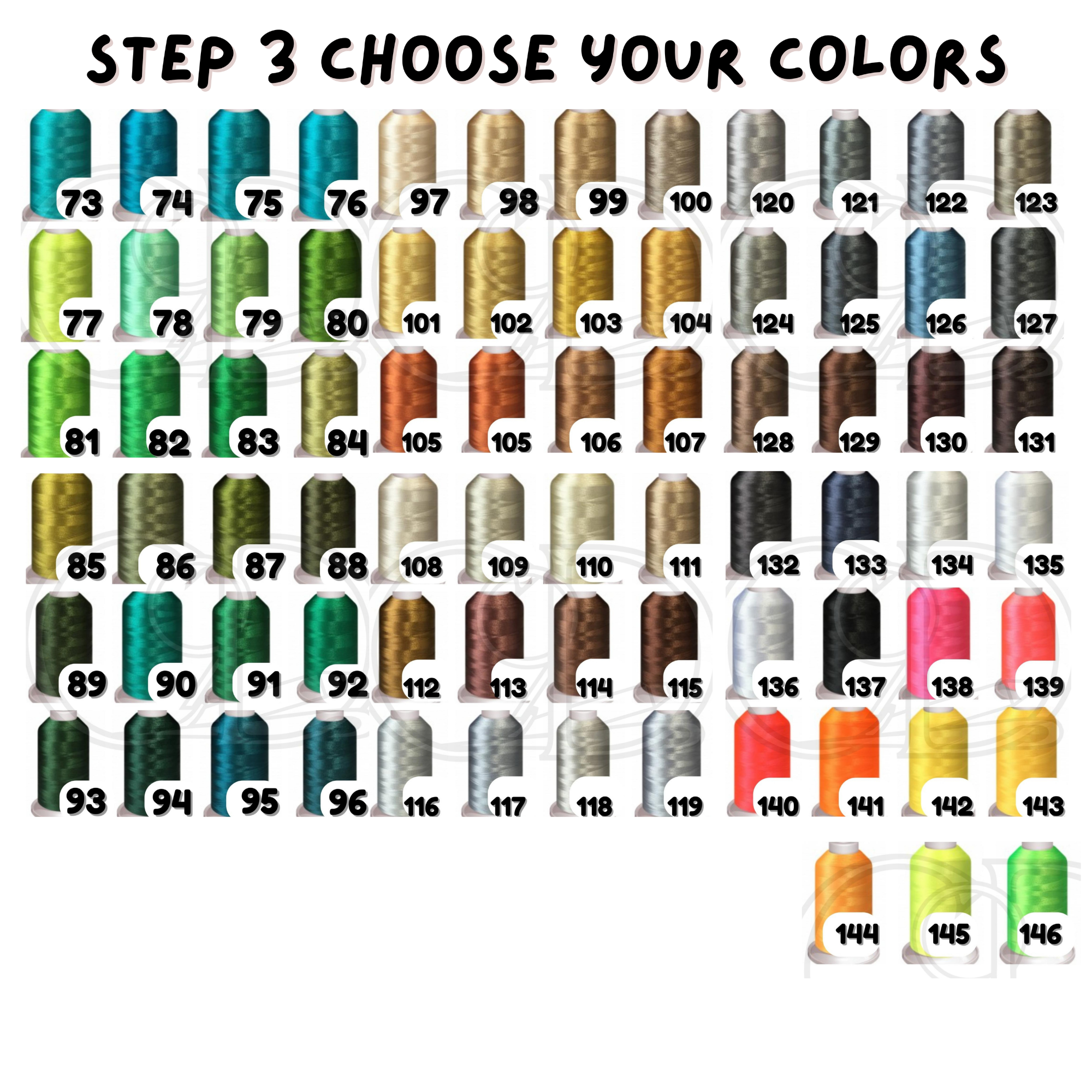 This image displays a wide range of thread colors available for customizing embroidered patches. The colors are numbered and cover a variety of shades, including blues, greens, browns, golds, grays, whites, and vibrant colors like pink, orange, and yellow. The text "Step 3 Choose Your Colors" is shown at the top, 