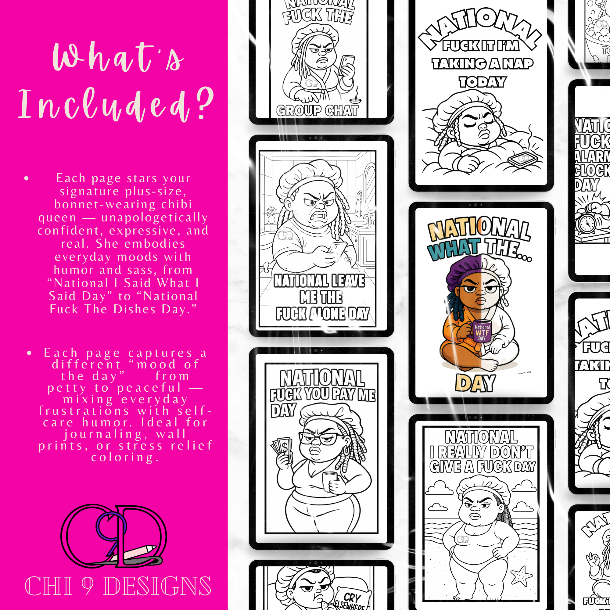 Coloring book pages with illustrations and text on a pink background, featuring the brand 'Chi 9 Designs'.