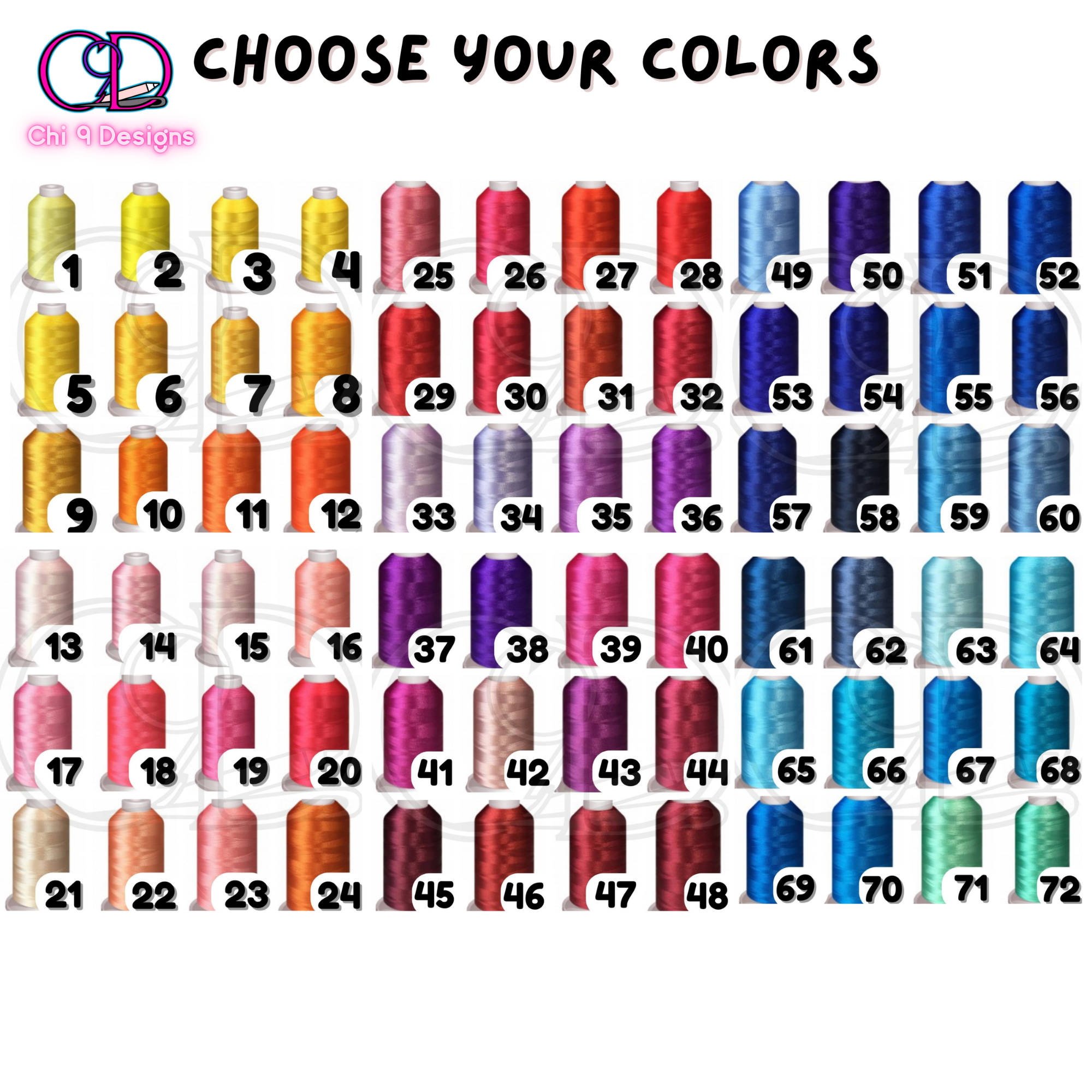 1007 Color selection chart showing different thread options for customizing  Style No. 1003.