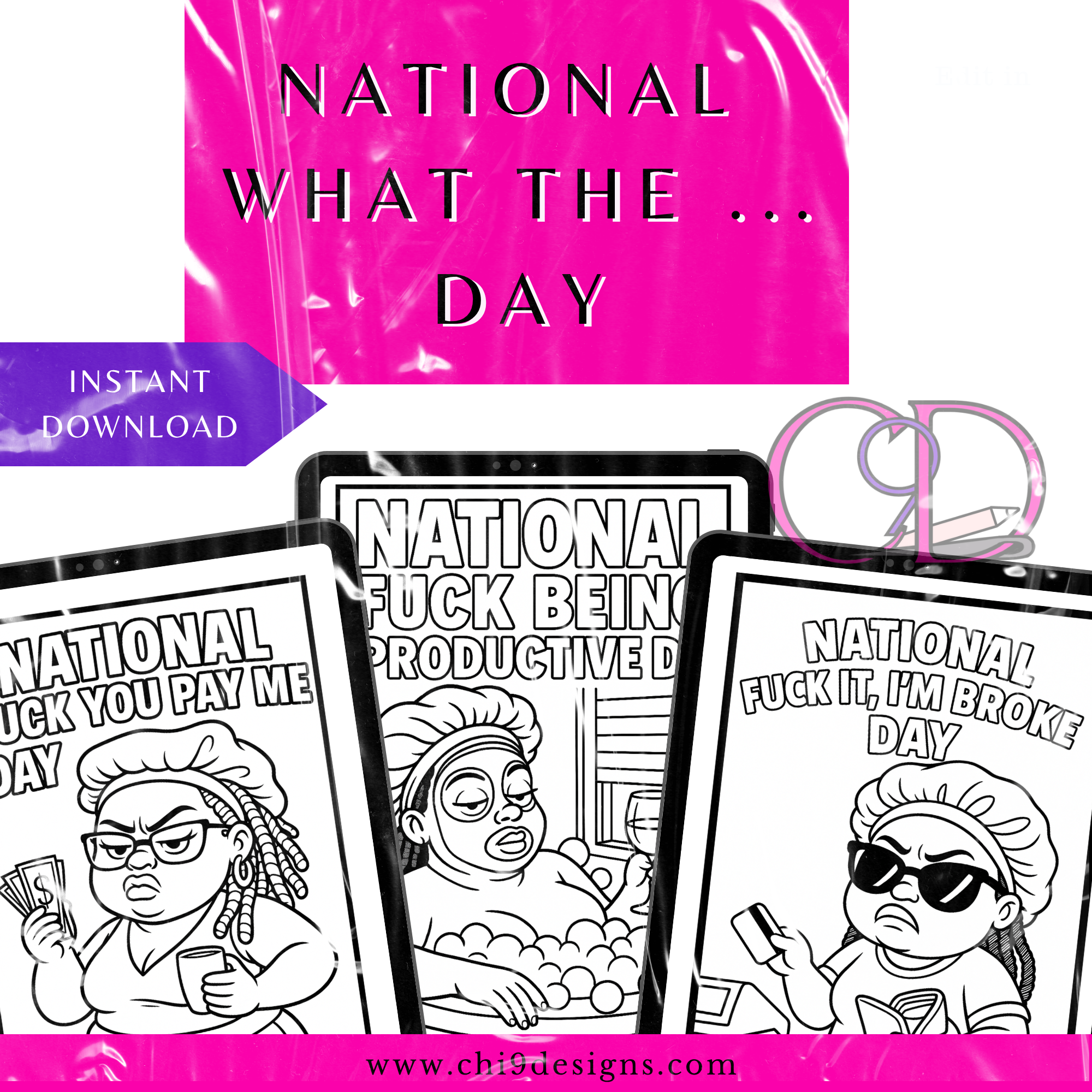 Coloring book pages with humorous text and illustrations on a pink and white background.