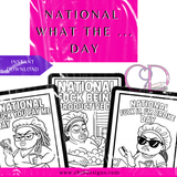 Coloring book pages with humorous text and illustrations on a pink and white background.