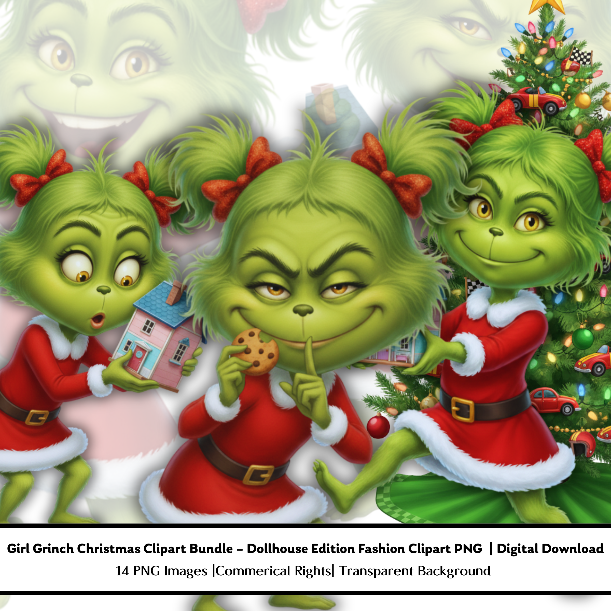 Four green characters in Santa outfits with a Christmas tree and house in the background.