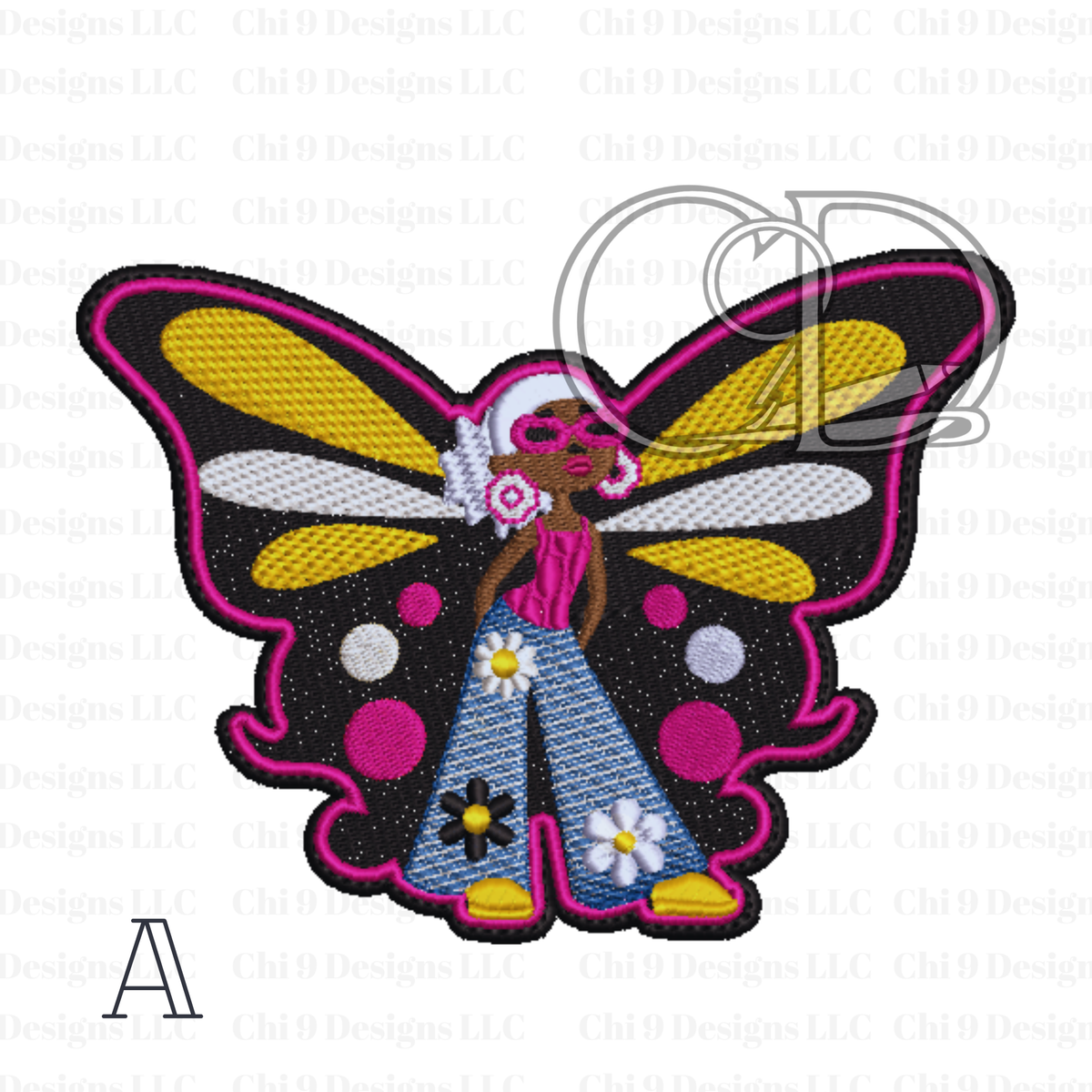 Afrocentric embroidered butterfly girl patch featuring a stylish woman with an afro, pink sunglasses, and yellow-and-black wings with pink accents, wearing blue denim bell bottoms and yellow shoes.”