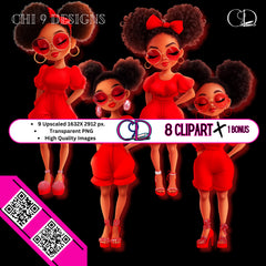 African American Chibi Clipart Bundle - Stylish Black Women in Red Outfits (9 PNGs)