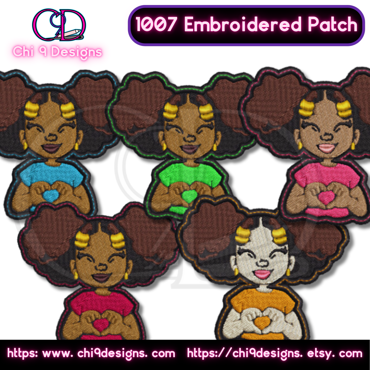 Customizable Afro Puffs Girl embroidered patches, Style No. 1007, featuring different clothing colors and skin tones, forming a heart with their hands."