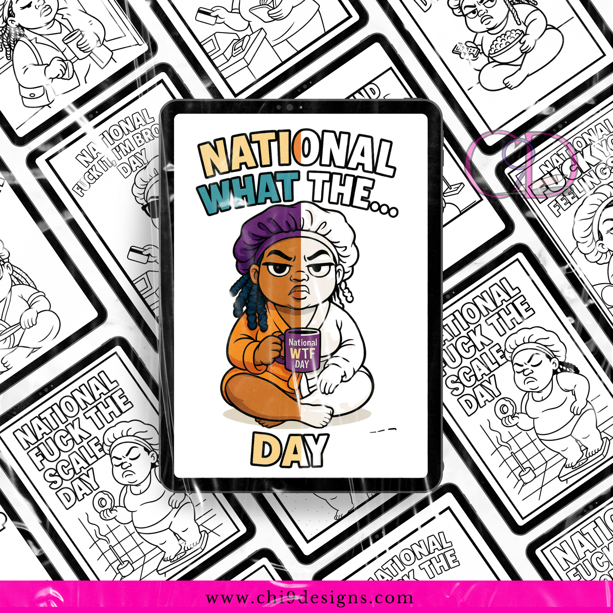 Cartoon character with text 'National What The... Day' on a colorful background with other similar designs.